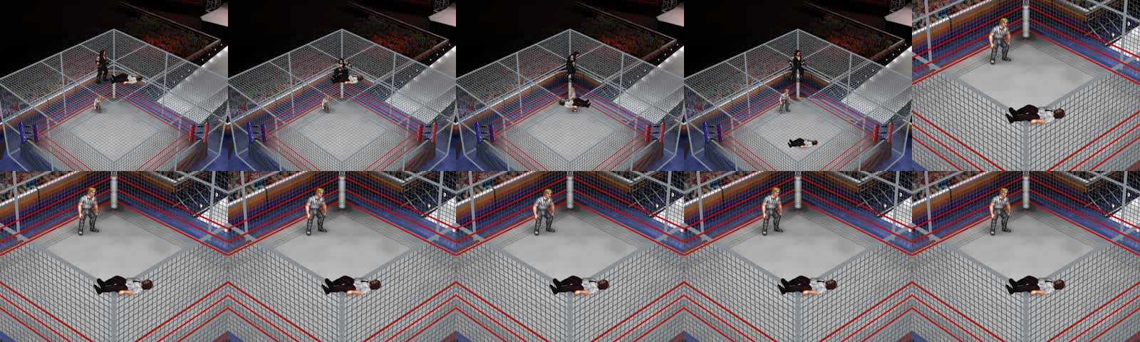 A sequence of native Fire Pro captures showing our staged roof fall, from the top of the Cell to the mat.
